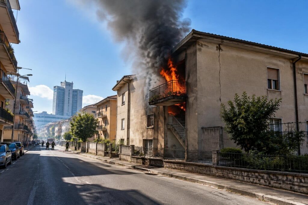 Fiamme dal balcone di un appartamento a Trento: vigili in azione