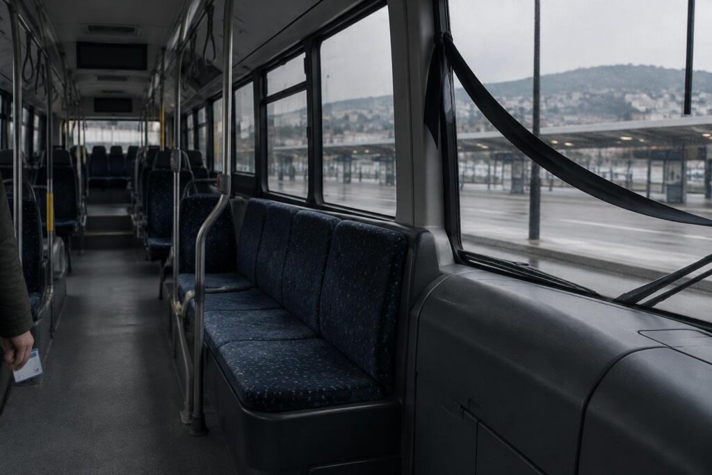 Autobus triestini con cartello “Ciao Angelina” dopo la morte della collega