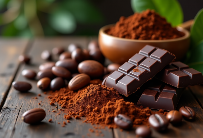Semi di cacao e cioccolato fondente su sfondo naturale
