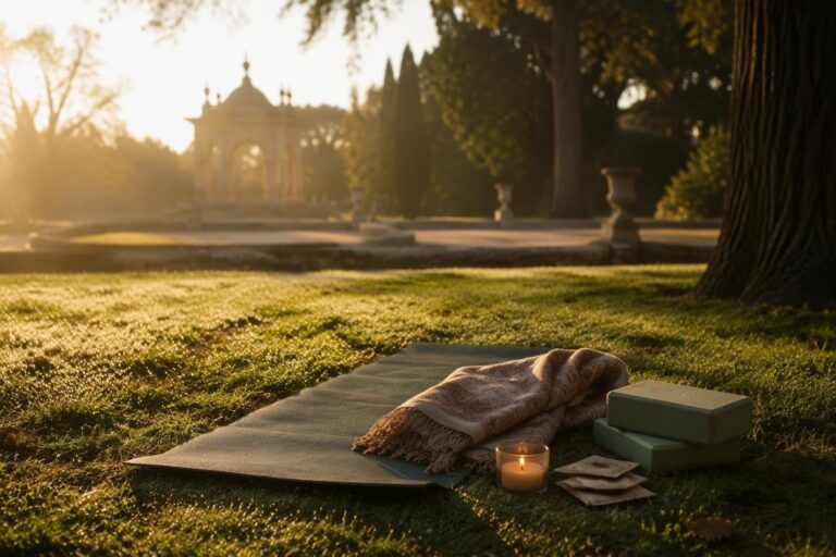 Emma Caccia guida una lezione di Vinyasa Yoga nel parco di Villa Mariani