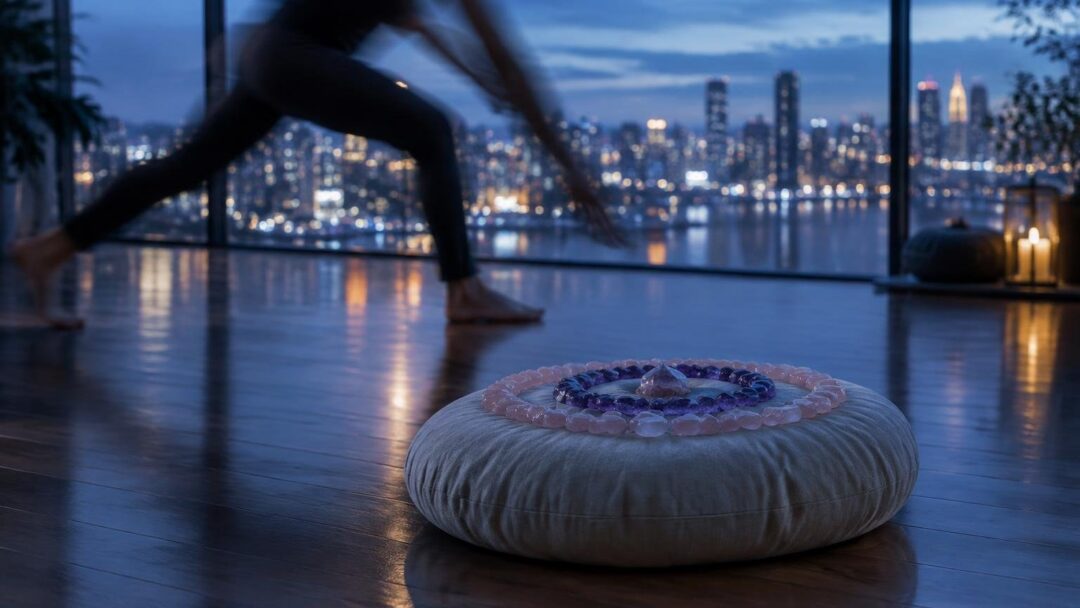 Cuscino meditazione rotondo con quarzo rosa e ametista