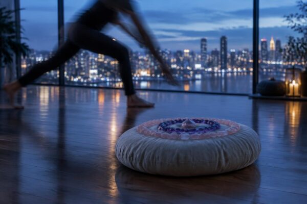 Cuscino meditazione rotondo con quarzo rosa e ametista