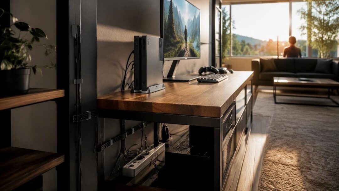 Arredo gaming corner: cable management con dock, basi e multiprese filtrate