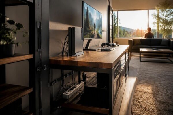 Arredo gaming corner: cable management con dock, basi e multiprese filtrate