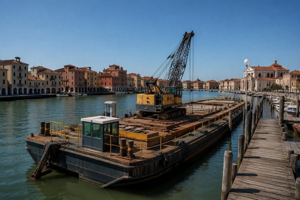 Boa Barge 38 a Chioggia: operazioni in corso per il trasporto della seconda gru Goliath