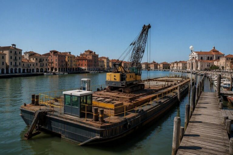 Boa Barge 38 a Chioggia: operazioni in corso per il trasporto della seconda gru Goliath