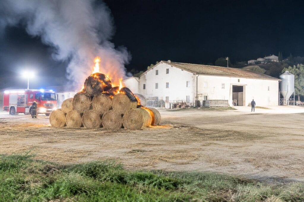 Rotoballe in fiamme ad Agugliano: sospetto dolo sull’azienda