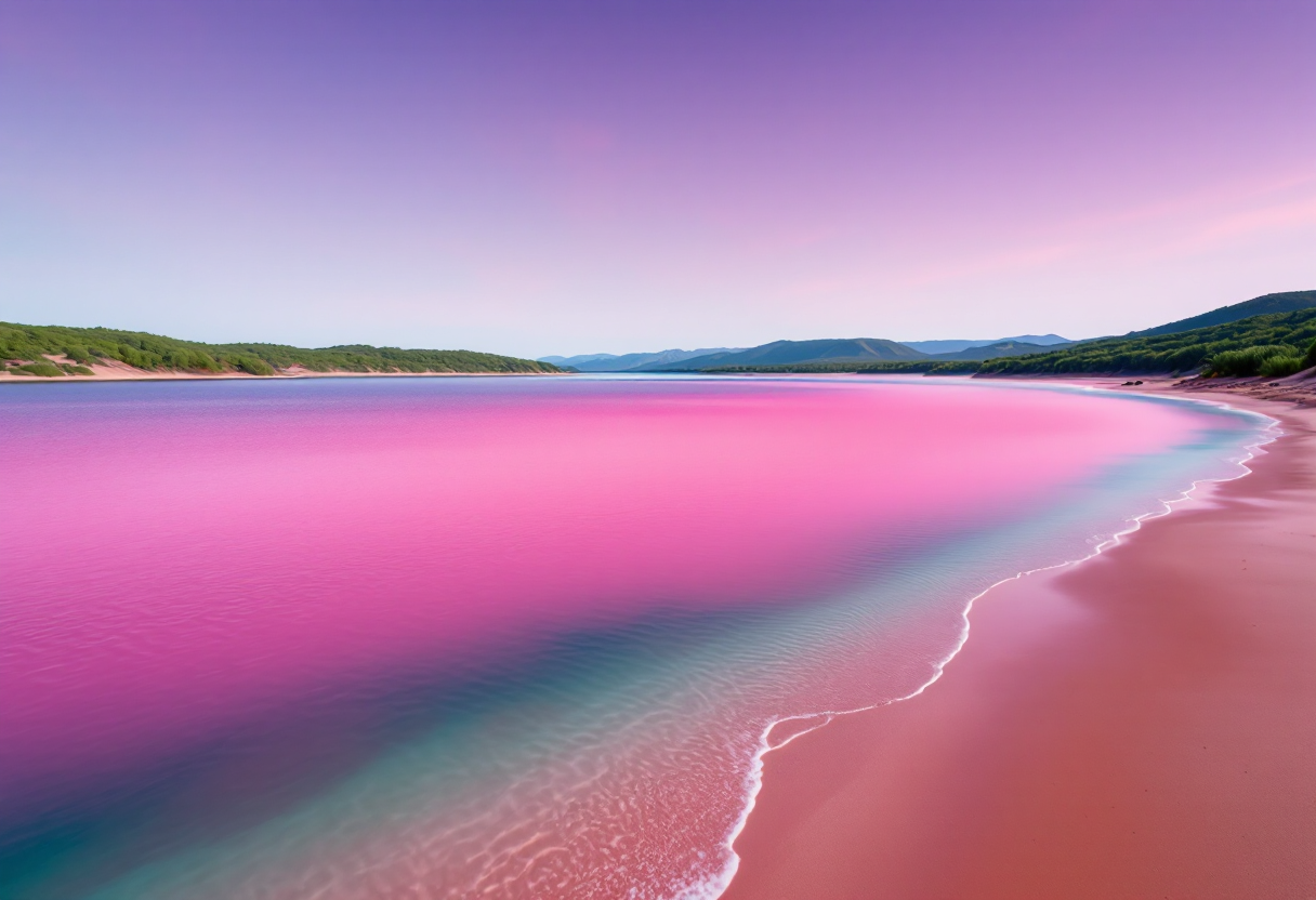 Vista aerea del lago Hillier, famoso per il suo colore rosa unico
