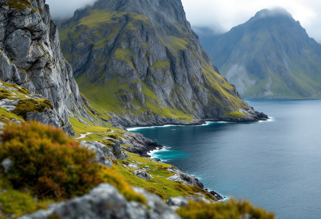Panorama delle isole Lofoten con montagne e mare