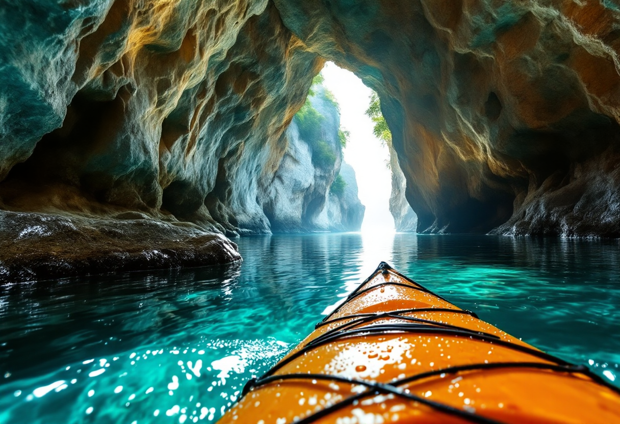 Kayakista esplora le grotte slovene in un paesaggio mozzafiato
