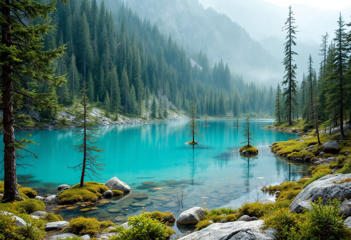 Vista panoramica del lago Kaindy con alberi sommersi