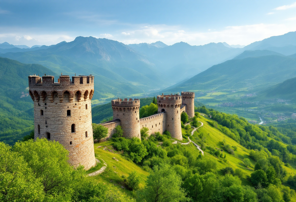 Vista panoramica di Shatili e Mutso nel Caucaso