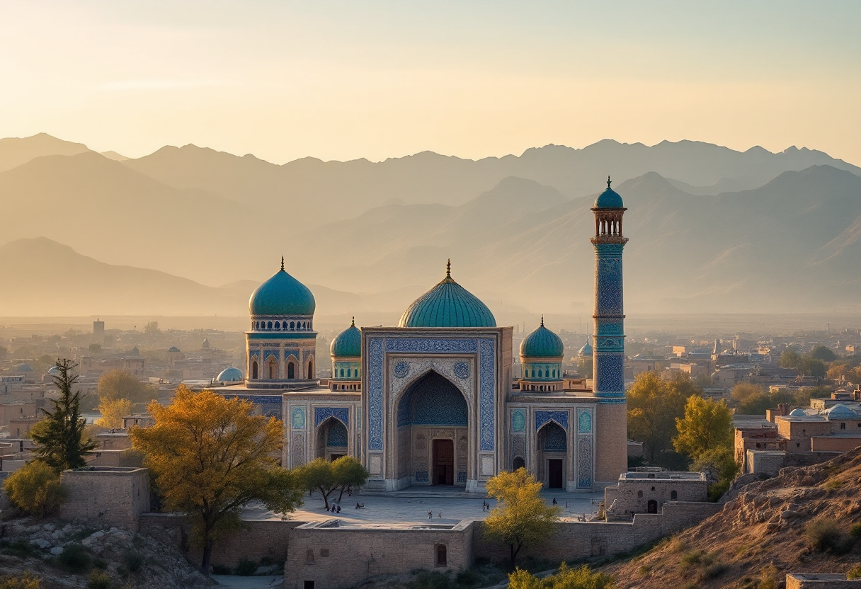 Panorama dell'Uzbekistan con elementi culturali e naturali