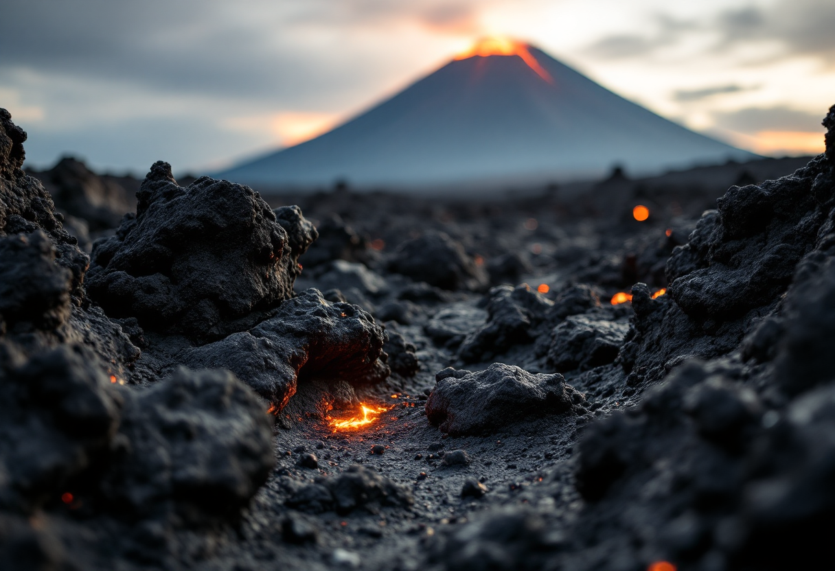Vista del vulcano Ol Doinyo Lengai con lava nera