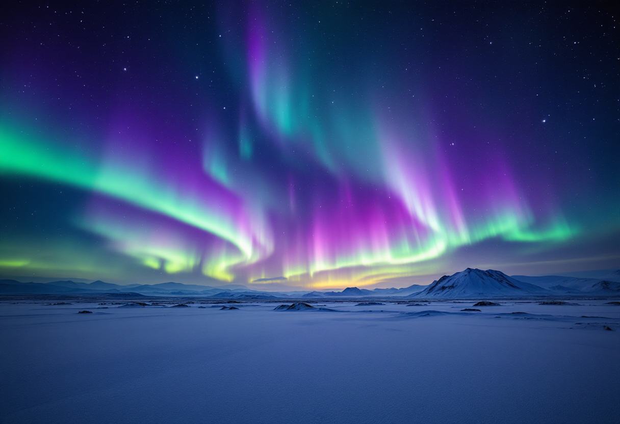 Aurora boreale sopra un paesaggio innevato