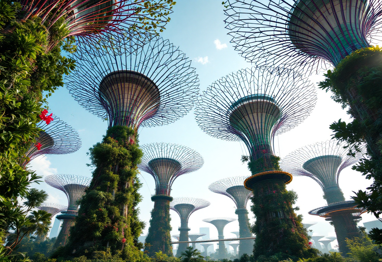 Vista panoramica dei giardini futuristici di Singapore