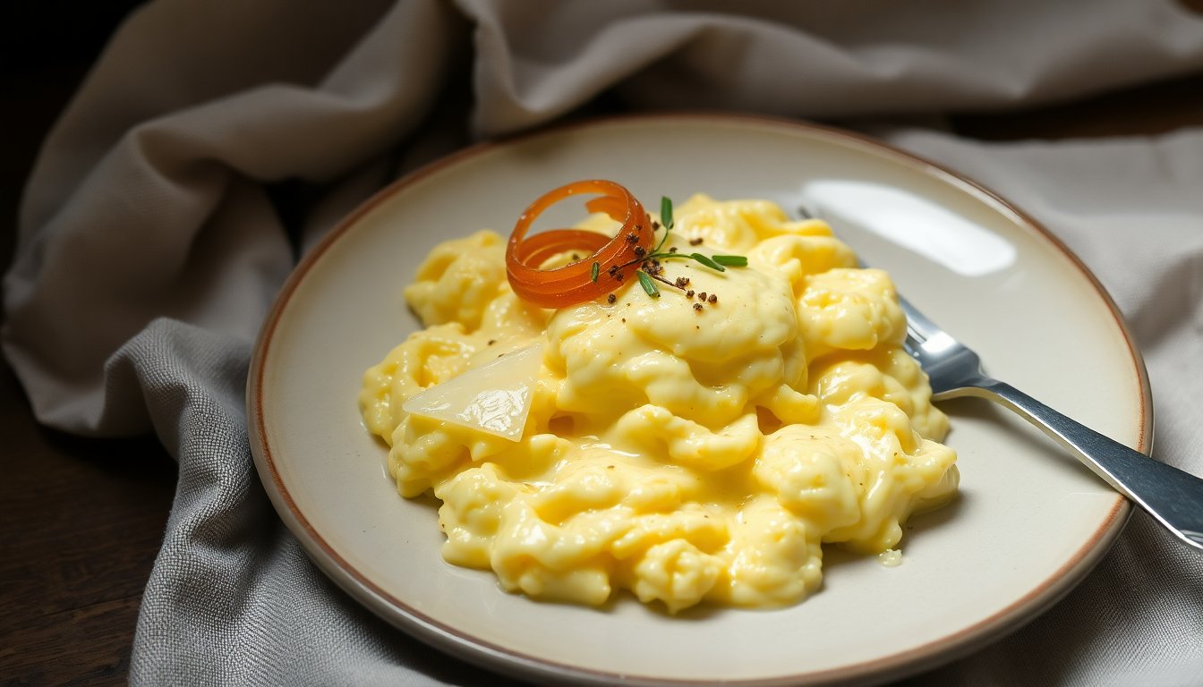 Perfect soft scrambled eggs with shallots and Comté for breakfast