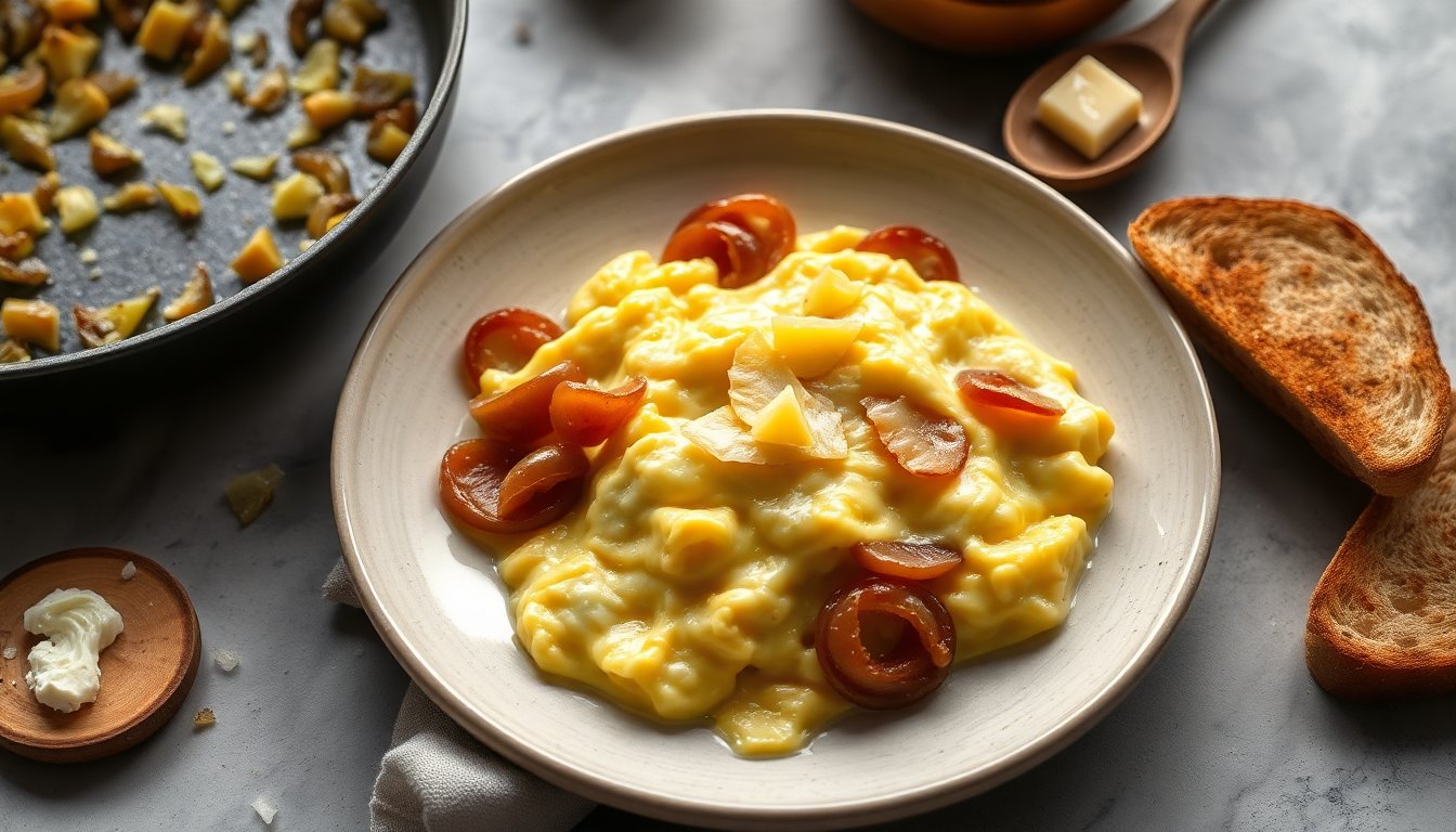 Soft scrambled eggs recipe with caramelized shallots and Comté for a restaurant-quality brunch