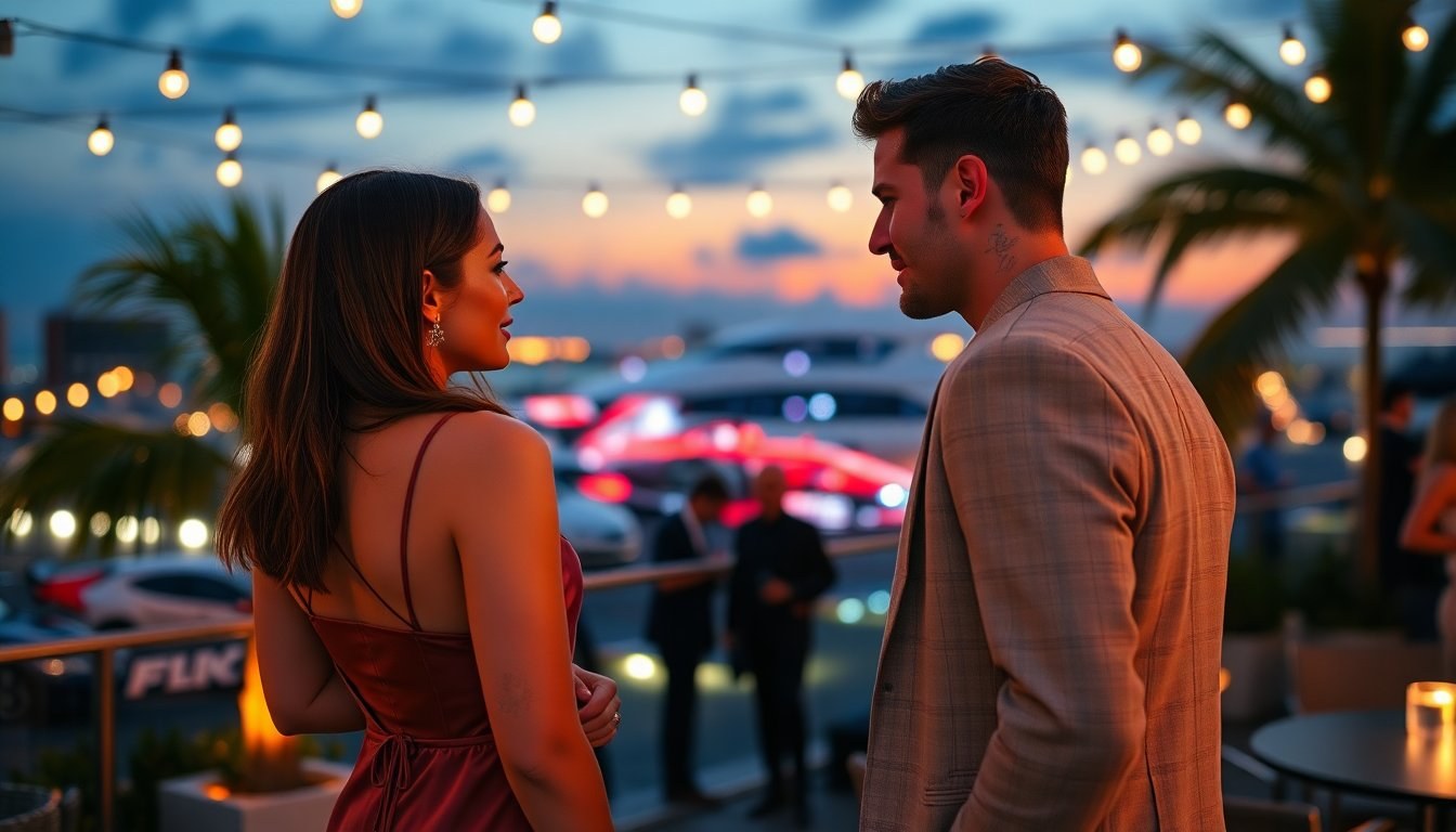Alix Earle and Braxton Berrios seen chatting at Sports Illustrated F1 event