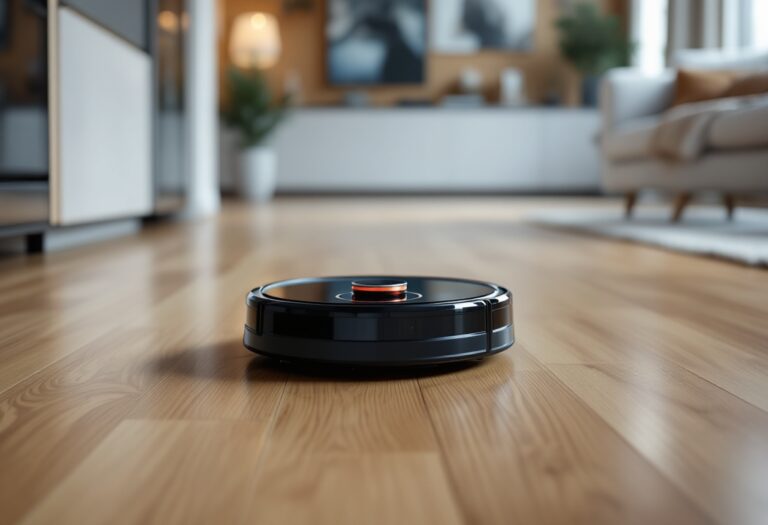 Robot aspirapolvere in azione su un pavimento pulito