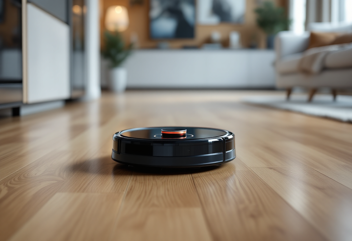 Robot aspirapolvere in azione su un pavimento pulito