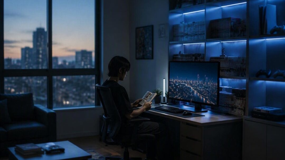 Angolo manga e gaming in salotto: idee ergonomiche, scaffali e illuminazione RGB