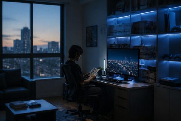 Angolo manga e gaming in salotto: idee ergonomiche, scaffali e illuminazione RGB